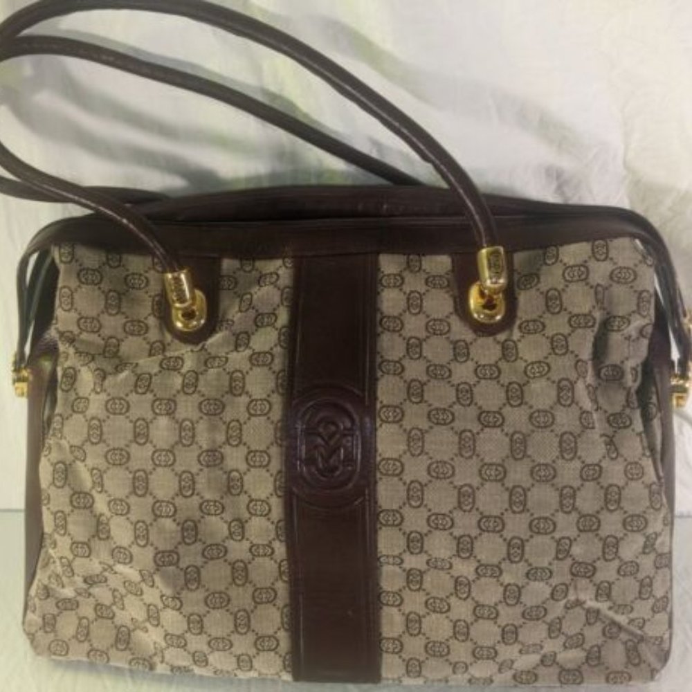 Marino Orlandi Genuine Leather and Canvas Embroidered Logo Large Tote